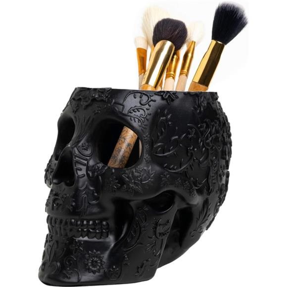 Skull Makeup Brush and Pen Holder Extra Large Strong Resin Black